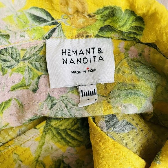 HEMANT & NANDITA Women's Yellow Floral Button Up Shirt S Short Sleeve Summer Top - Picture 7 of 7